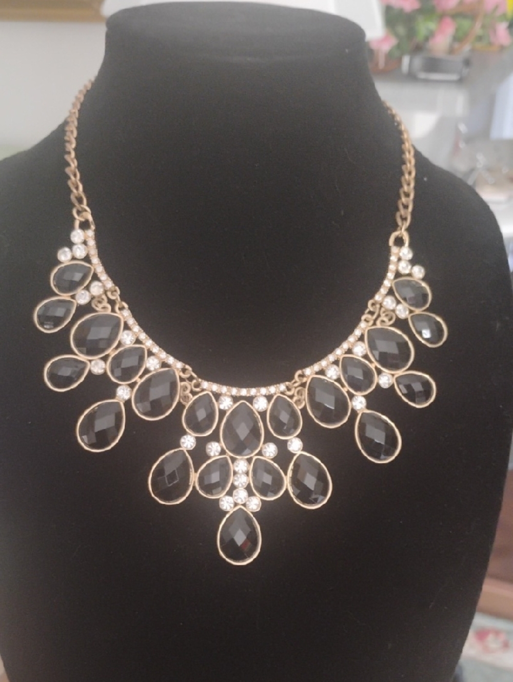 Gold-Plated Black Teardrop Statement Necklace